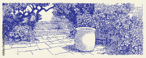 A blue and white drawing of a park with a bench and a trash can. The bench is empty and the trash can is in the foreground. vector illustration