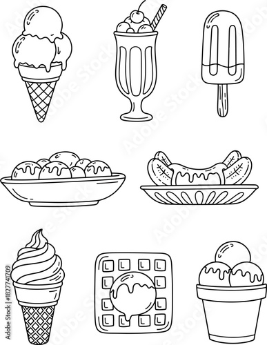 Collection of delicious ice cream desserts including cones, sundaes, popsicles, banana splits, waffles and bowls