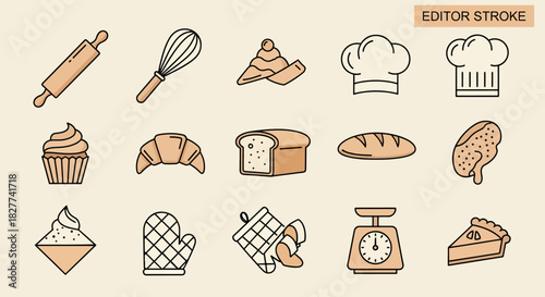 Collection of delightful baking icons and illustrations including rolling pins, whisks, chef hats, cupcakes, croissants, bread, and pies