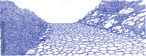 A blue and white drawing of a rocky road. The road is narrow and rocky, with a small hill in the background. vector illustration