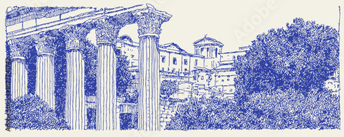 The image is a blue and white drawing of a building with columns. vector illustration