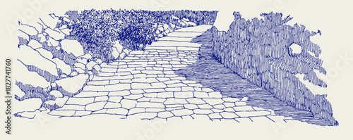 A blue and white drawing of a path with a stone wall. The path is narrow and the wall is made of stone. vector illustration