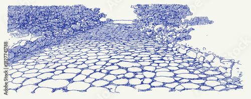 The image is a blue and white drawing of a path with rocks. The path is made up of small. The rocks are of various sizes. vector illustration