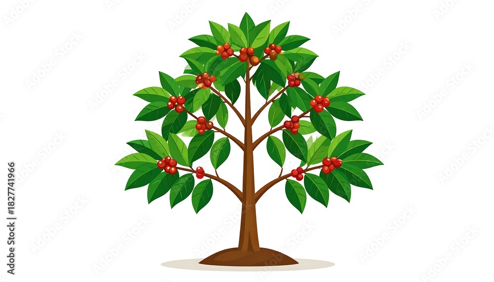 Fototapeta premium Cartoon tree with green leaves and red berries isolated on white background