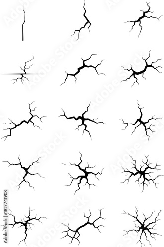 Collection of Black Cracked Surface Textures and Ground Breakage Illustrations, Isolated on White Background