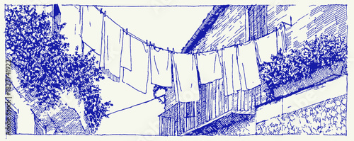 A blue and white drawing of clothes hanging on a line. The clothes are hanging on a line that is attached to a building. vector illustration