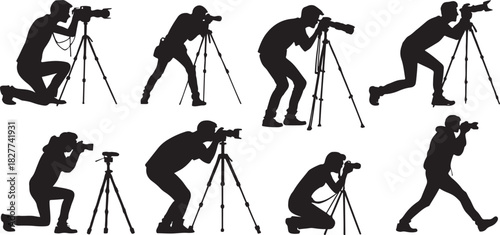 Silhouette of photographers in various poses with cameras and tripods