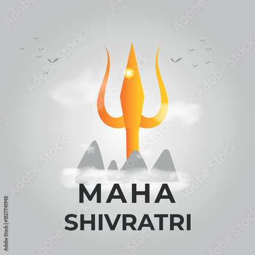 Hindu celebration Maha Shivratri banner. Trident, shadow, mountain. Vector illustration.