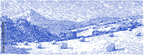 A blue and white drawing of a field with a mountain in the background. There are several sheep scattered throughout the field. vector illustration