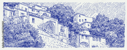 A blue and white drawing of a street with houses and trees. The houses are small and the trees are green. vector illustration