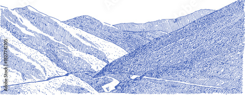 A blue and white drawing of a mountain range. The mountains are covered in snow and the valley below is dotted with trees. vector illustration