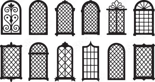 Assortment of Decorative Black Silhouette Window Frames with Lattice and Scrollwork on White