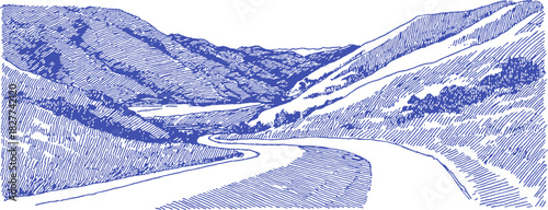 A blue and white drawing of a road with a mountain in the background. The road is winding and he is a country road. vector illustration