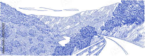 A blue and white drawing of a mountain road. The road is winding and has a bridge over a river. vector illustration