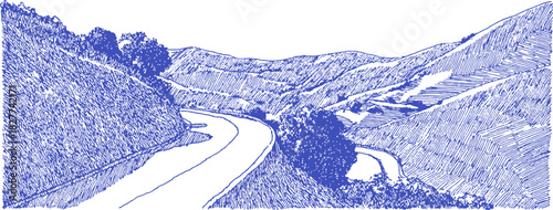 A blue and white drawing of a road with trees in the background. The road is winding and he is a country road. vector illustration