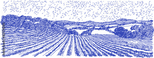 A blue and white drawing of a field with trees and hills. The drawing is in a dotted style. vector illustration