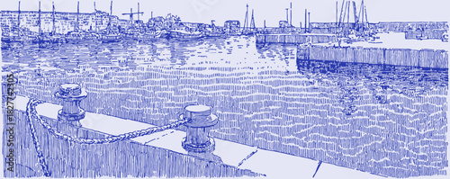 A blue and white drawing of a dock with a boat in the water. The dock is surrounded by a pier. vector illustration