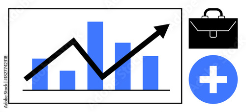 Upward arrow, bar chart showing growth, briefcase symbolizing work, and plus sign reflecting positivity. Ideal for business, finance, success, growth health innovation strategy. Simple flat
