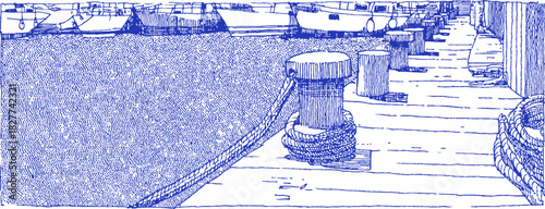 A blue and white drawing of a yard with a bench and a stone pillar. The bench is on the right side of the yard. vector illustration