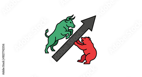 A green bull and red bear pushing an upward-pointing arrow, symbolizing market trends.