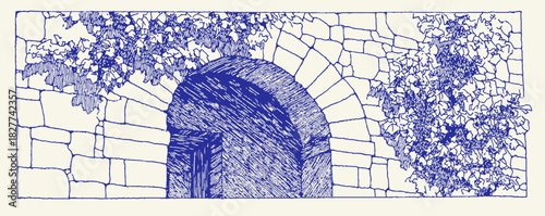 A blue and white drawing of a stone archway. The archway is situated in the center of the drawing, and it is a doorway. vector illustration