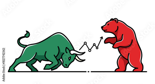 Cartoon illustration of a green bull facing a red bear with a rising stock market graph between them.