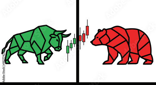 A green bull and red bear flank a candlestick chart, representing stock market trends.