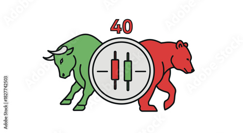 Illustration depicting a bull and bear flanking a financial candlestick chart.