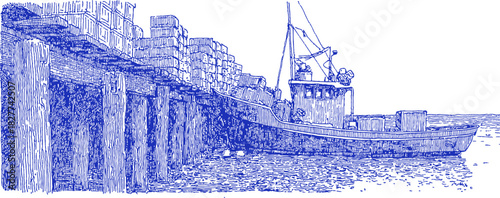 A blue and white drawing of a ship and a cliff. The ship is in the water and the cliff is behind it. vector illustration