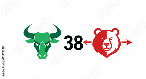 Graphic depicting a green bull and a red bear facing each other, with the number 38 between them.