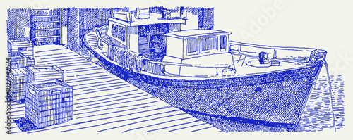 A blue boat is docked at a pier. The boat is small and has a white top. vector illustration