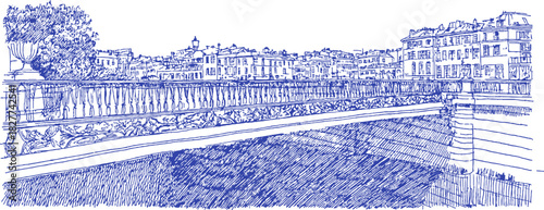 A blue and white drawing of a city with a bridge and a river. The bridge is on the right side of the image. vector illustration