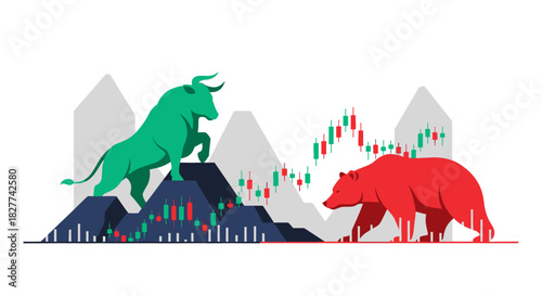 A green bull standing atop a structure, facing a red bear, with stock charts.