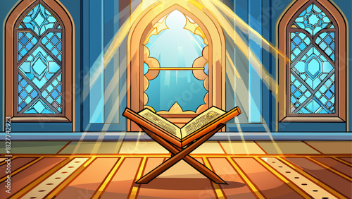 Quran on stand in mosque with stained glass windows
