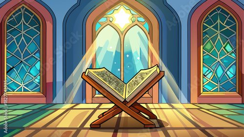 Open book on stand in front of stained glass window
