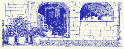 A blue and white drawing of a building with a door and a window. The door is open and there are potted plants on the sidewalk. vector illustration