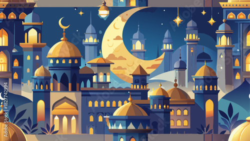 Illustration of a city with a moon in the sky