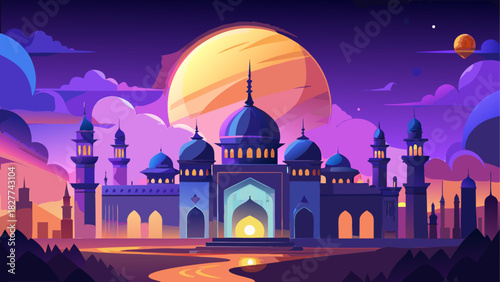 Mosque silhouette with moon in the night sky