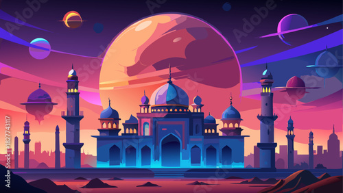 Futuristic mosque with planets in outer space view