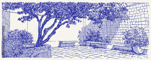 The image is a blue and white drawing of a tree and a bench. The bench is situated in front of the tree, creating a peaceful. vector illustration