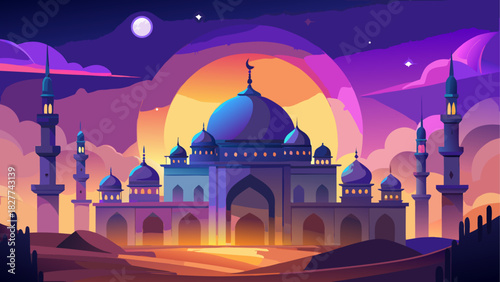 Illustration of a mosque at sunset with towers