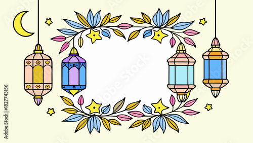 Ramadan lanterns with floral frame and moon design
