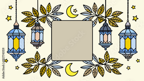 Illustration of lanterns and crescent moon frame