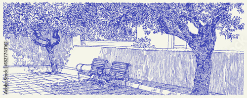 A blue and white drawing of a park with a bench and a tree. The bench is empty. vector illustration