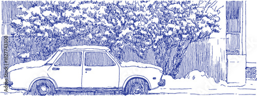 A vintage car is parked in front of a building with a fence. The car is white and has a classic design. vector illustration