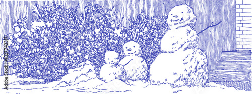 Three snowmen are standing in the snow. One of them is holding a stick. The snowmen are in front of a house. vector illustration