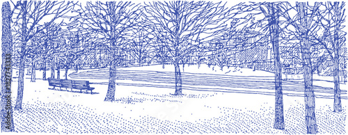 A blue and white drawing of a park with trees and benches. The benches are empty. The trees are bare and the sky is cloudy. vector illustration