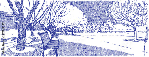 A blue and white drawing of a park with a bench and trees. The bench is empty. The trees are bare and the sky is blue. vector illustration
