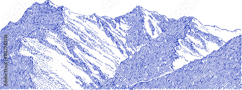 A mountain range is shown in blue and white. The mountains are covered in snow. The mountains are very tall. vector illustration