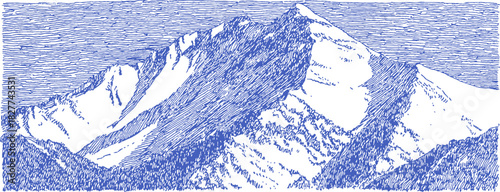 A mountain range is shown in blue and white. The mountains are covered in snow. The mountains are very tall. vector illustration
